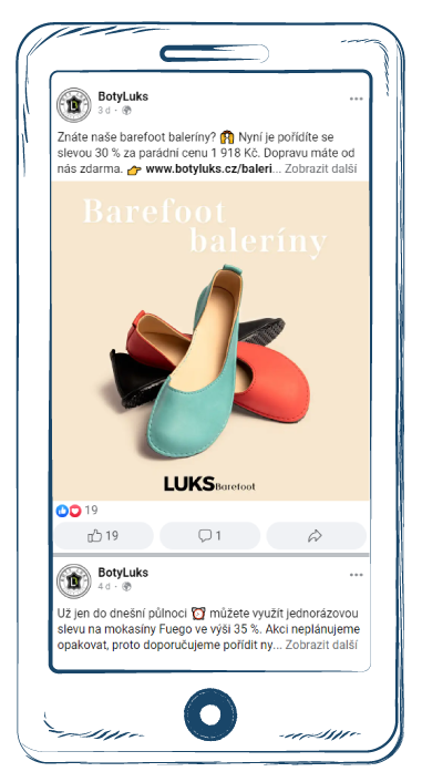 Kreslený smartphone se screenem facebookového příspěvku firmy Boty Luks.